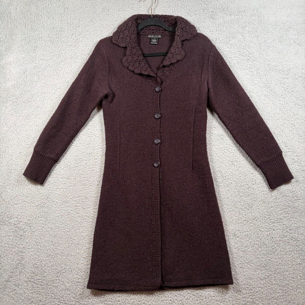 Silk Club Women's Wool Cardigan Long Coat‎ Crochet Collar Brown Cottagecore Sz S